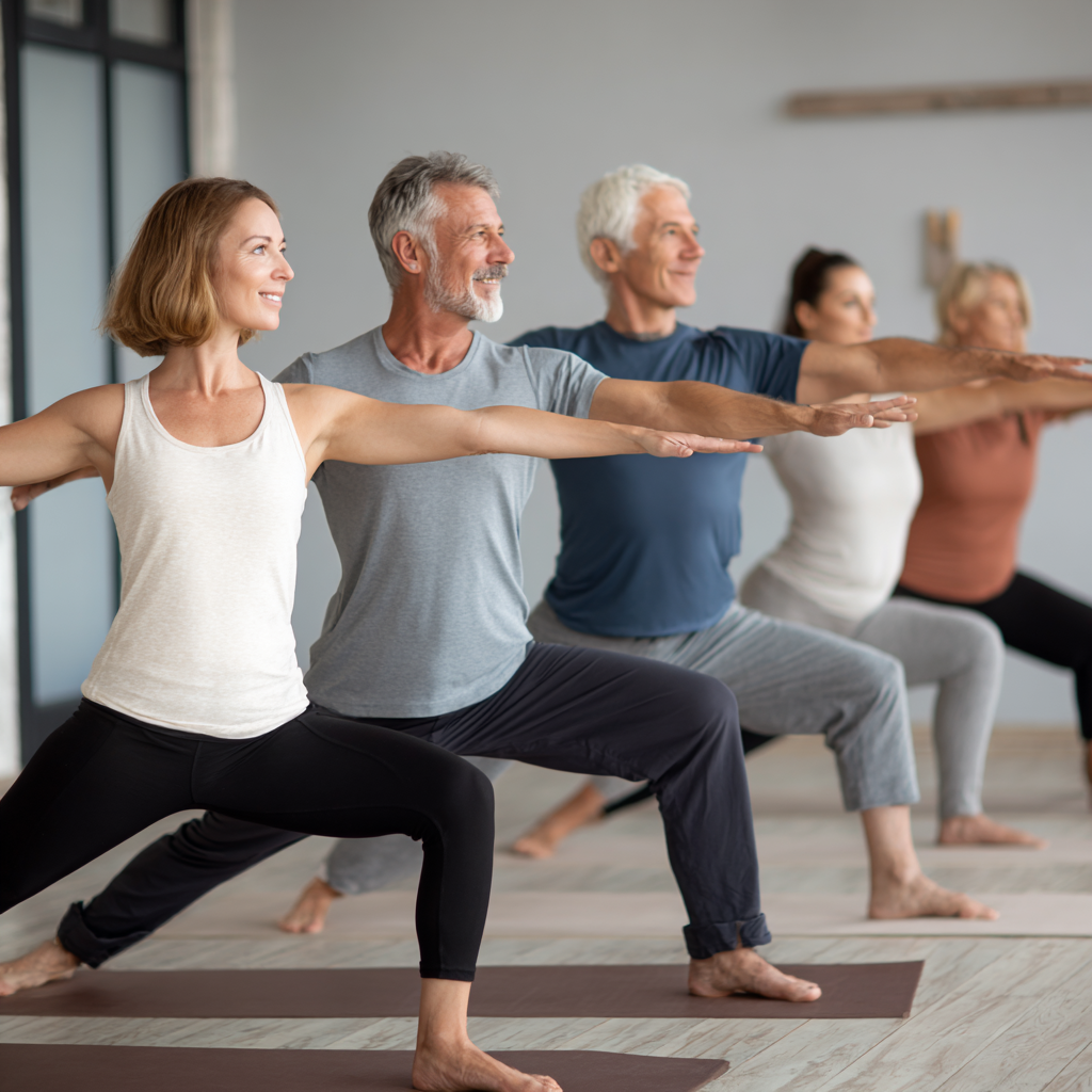 Smiling middle-aged Ukrainian woman in comfortable yoga attire practicing tree pose in a serene studio with natural lighting